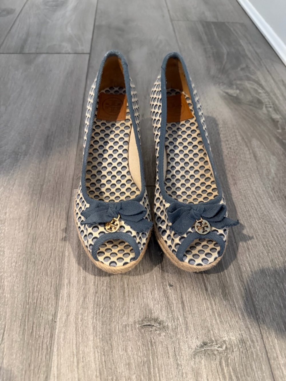 Tory Burch Blue and Cream Peep-Toe Espadrille Wedges
